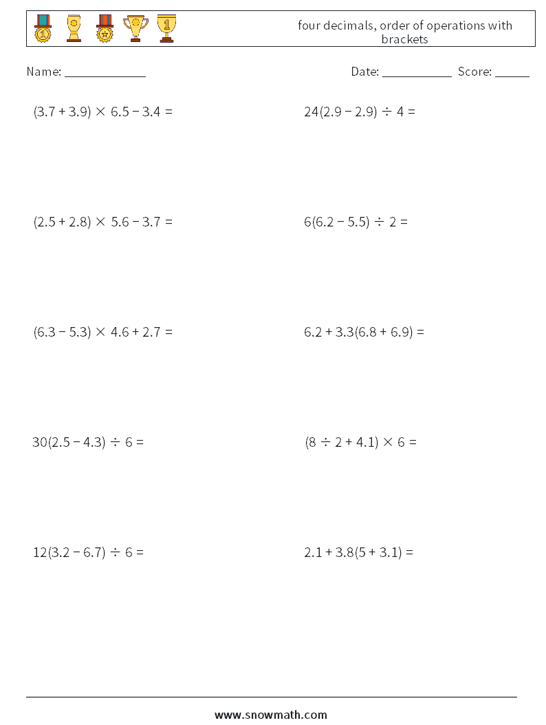 four decimals, order of operations with brackets Maths Worksheets 9