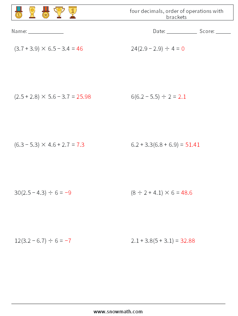 four decimals, order of operations with brackets Math Worksheets 9 Question, Answer