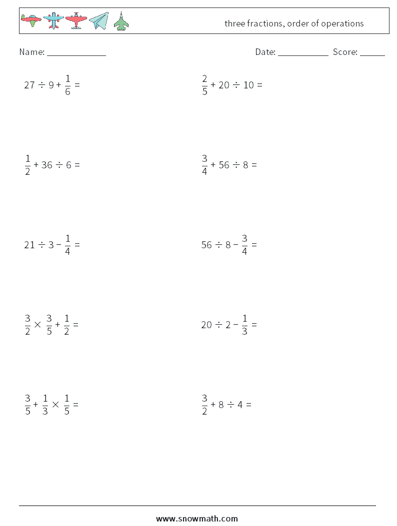 three fractions, order of operations Math Worksheets 11