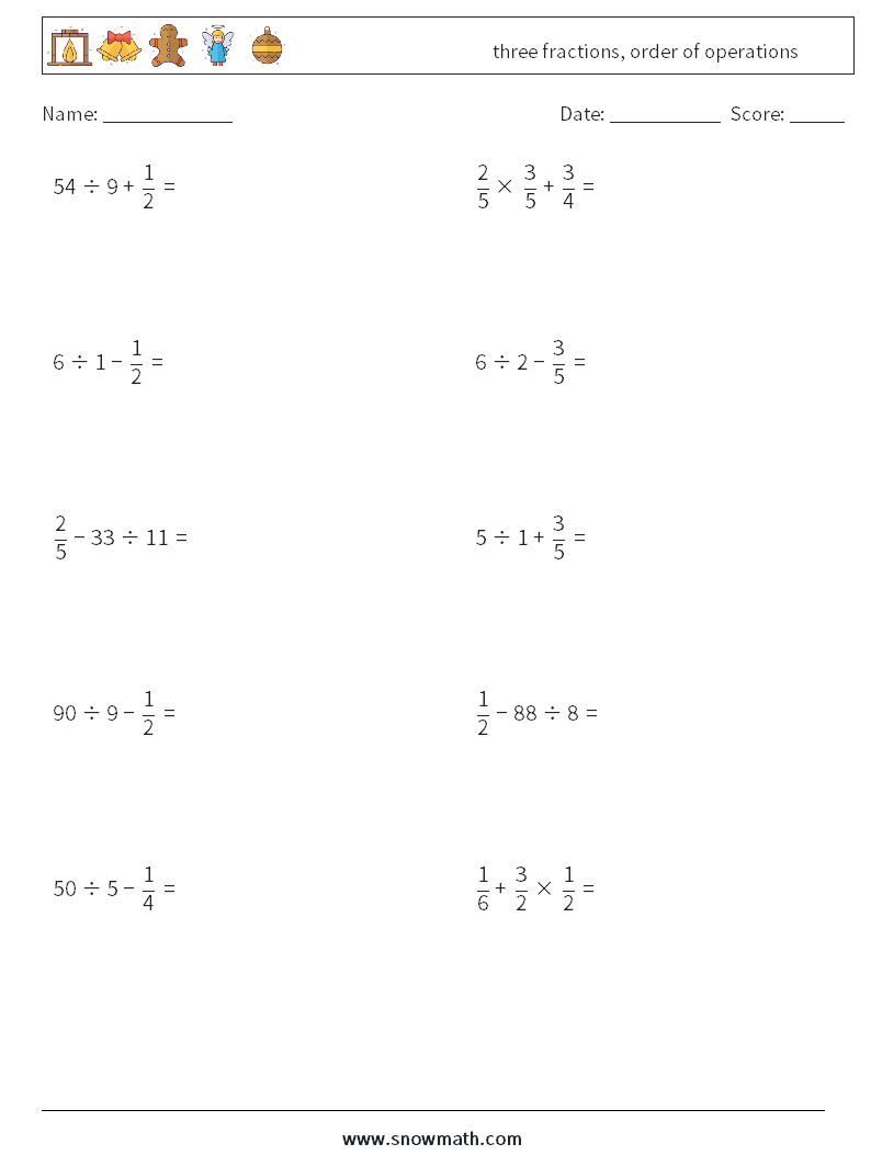 three fractions, order of operations Maths Worksheets 13