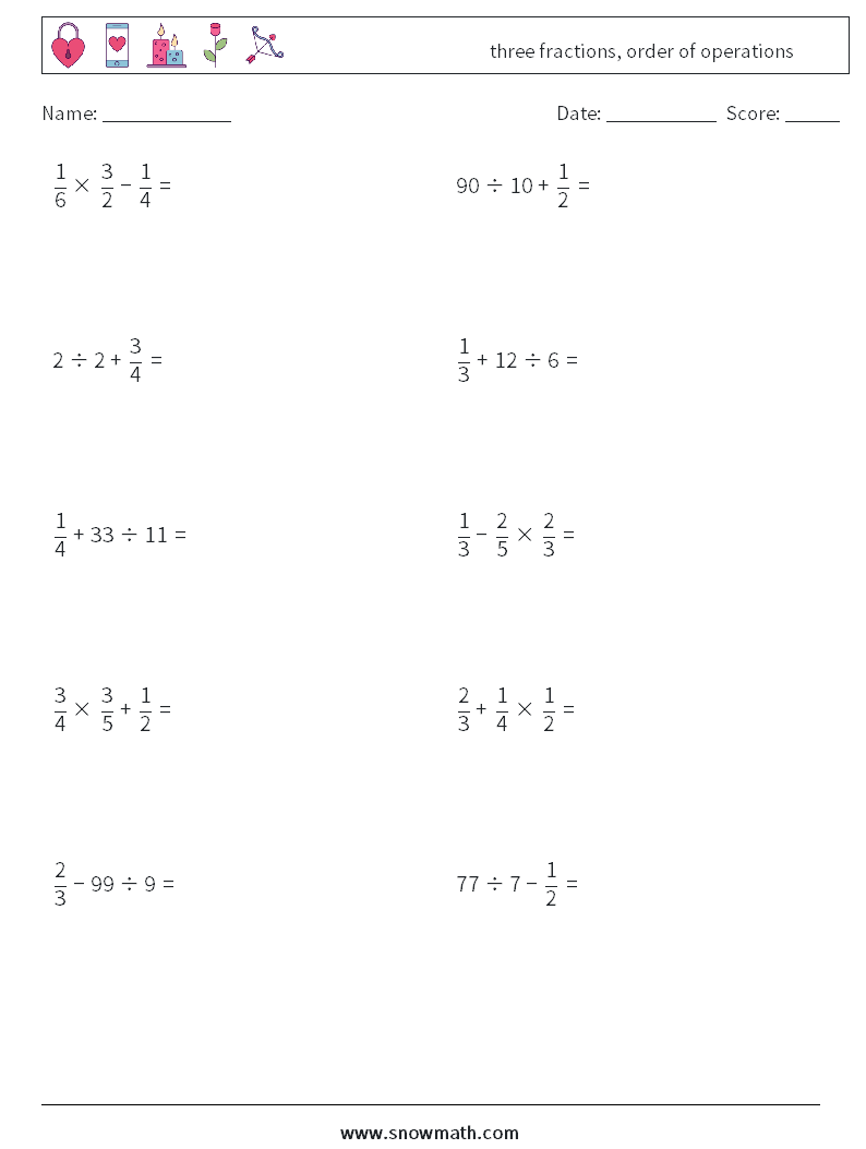 three fractions, order of operations Math Worksheets 14