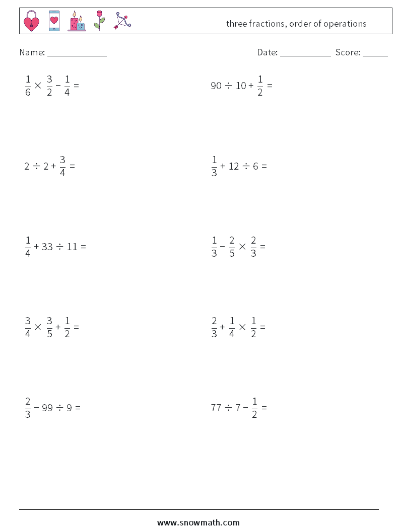 three fractions, order of operations Maths Worksheets 14