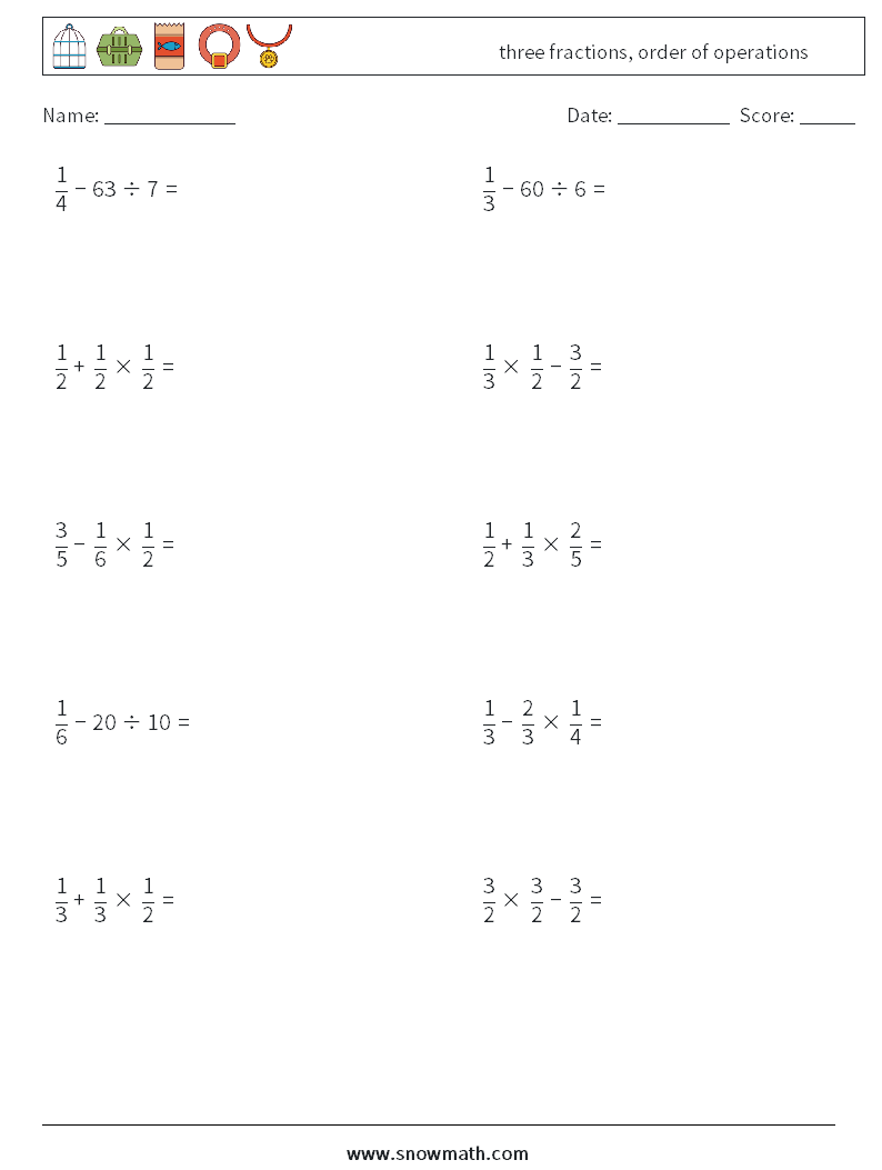 three fractions, order of operations Math Worksheets 15