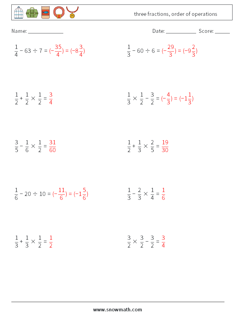 three fractions, order of operations Math Worksheets 15 Question, Answer