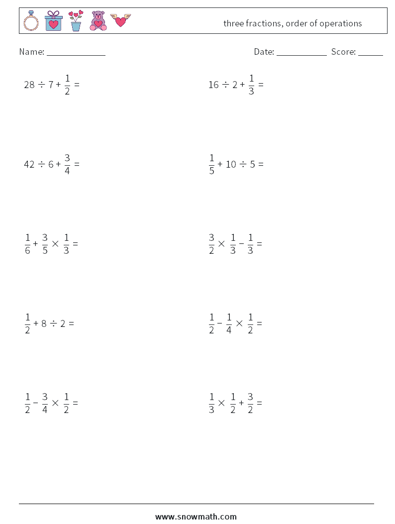 three fractions, order of operations Maths Worksheets 16