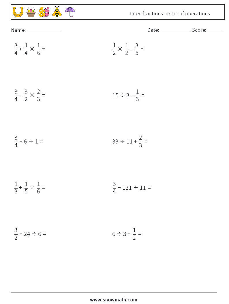 three fractions, order of operations Maths Worksheets 17