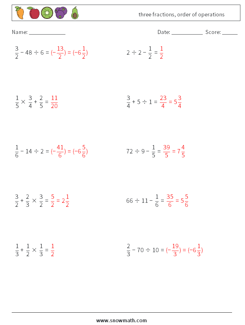 three fractions, order of operations Math Worksheets 1 Question, Answer