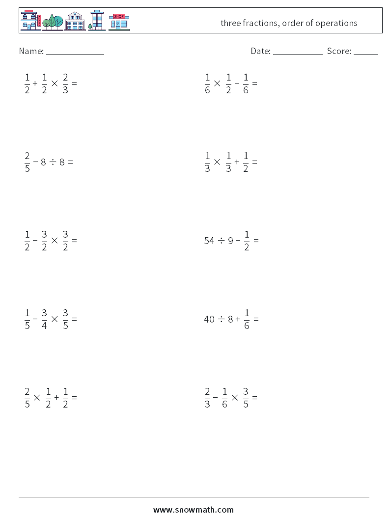 three fractions, order of operations Maths Worksheets 4