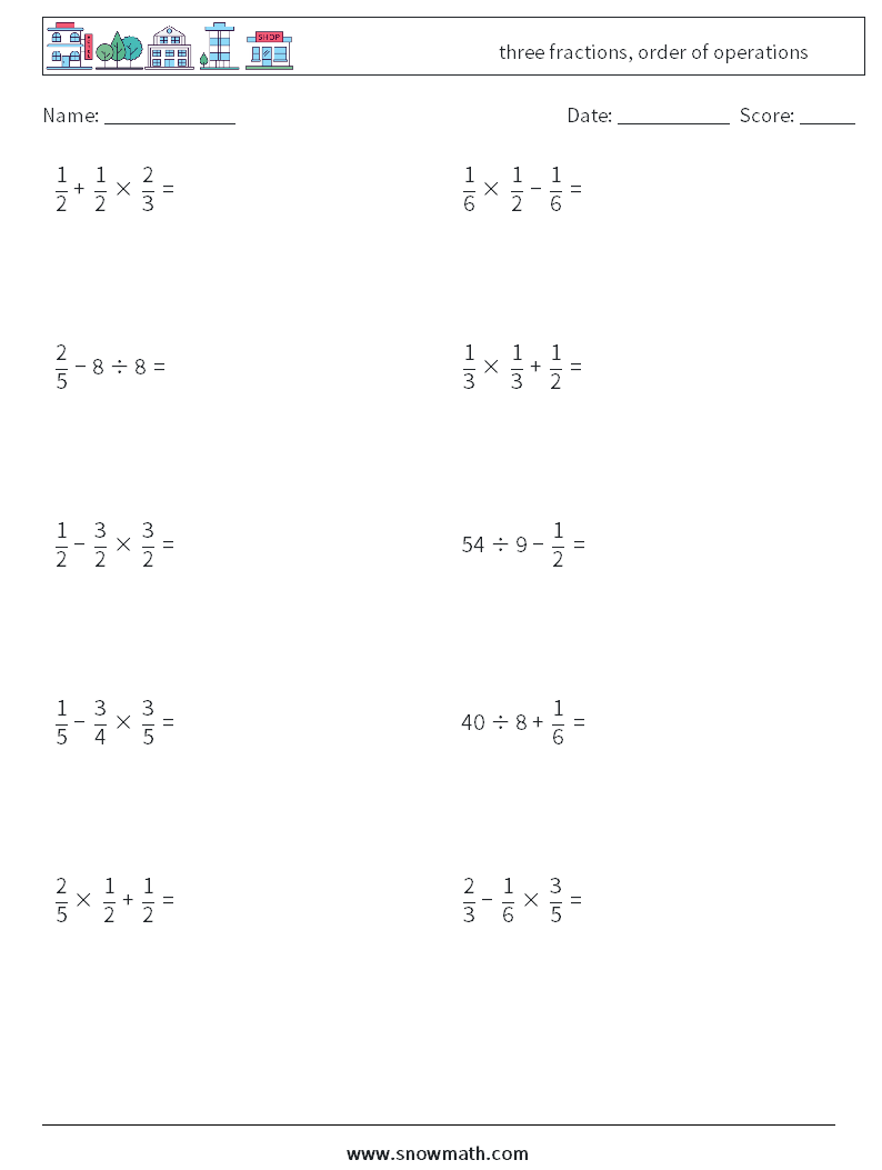 three fractions, order of operations Math Worksheets 4