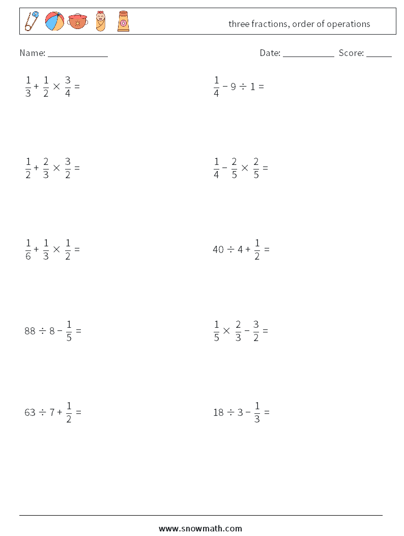 three fractions, order of operations Maths Worksheets 5