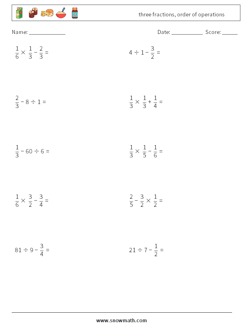 three fractions, order of operations Maths Worksheets 6