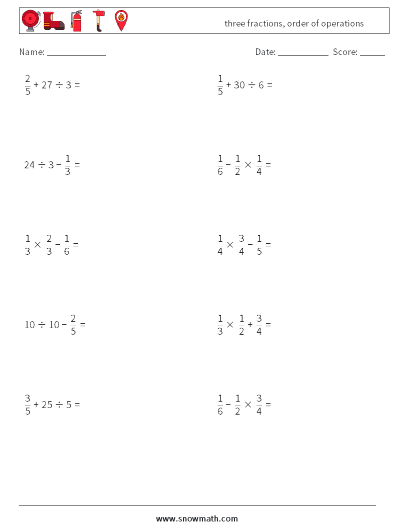 three fractions, order of operations Maths Worksheets 7