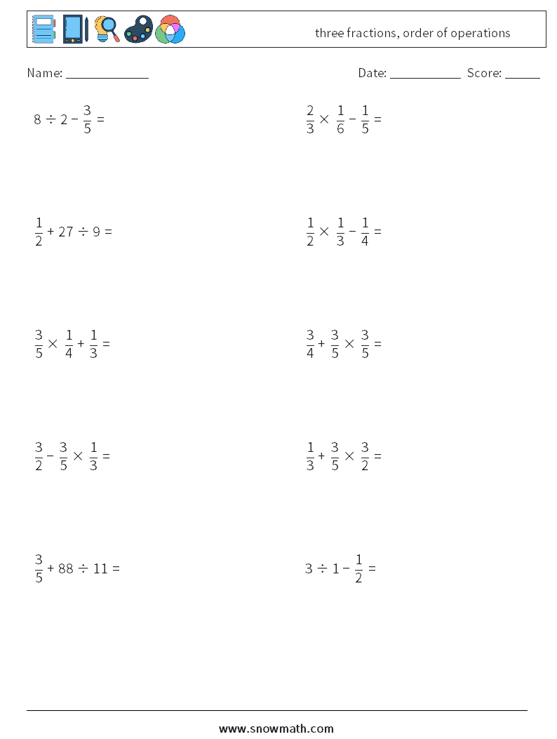 three fractions, order of operations Maths Worksheets 8