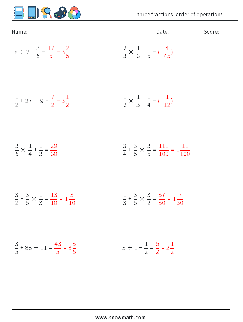 three fractions, order of operations Math Worksheets 8 Question, Answer