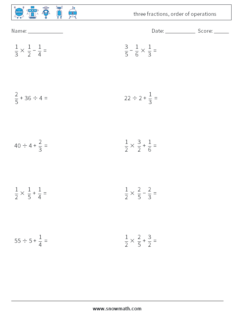 three fractions, order of operations Maths Worksheets 9