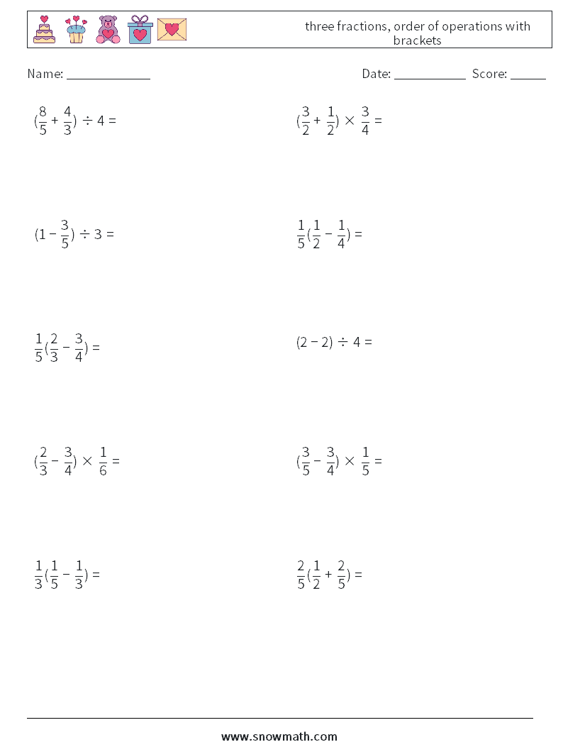 three fractions, order of operations with brackets Maths Worksheets 10