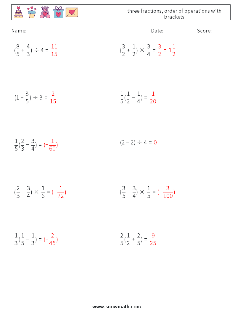 three fractions, order of operations with brackets Math Worksheets 10 Question, Answer