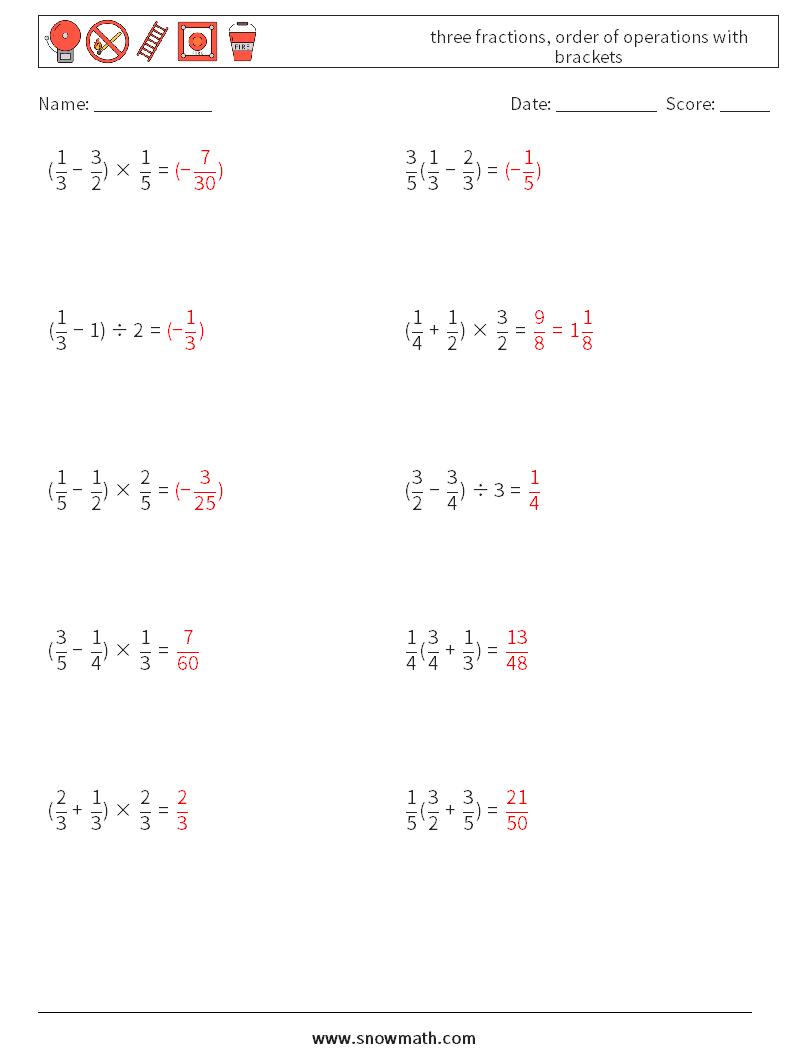 three fractions, order of operations with brackets Math Worksheets 11 Question, Answer