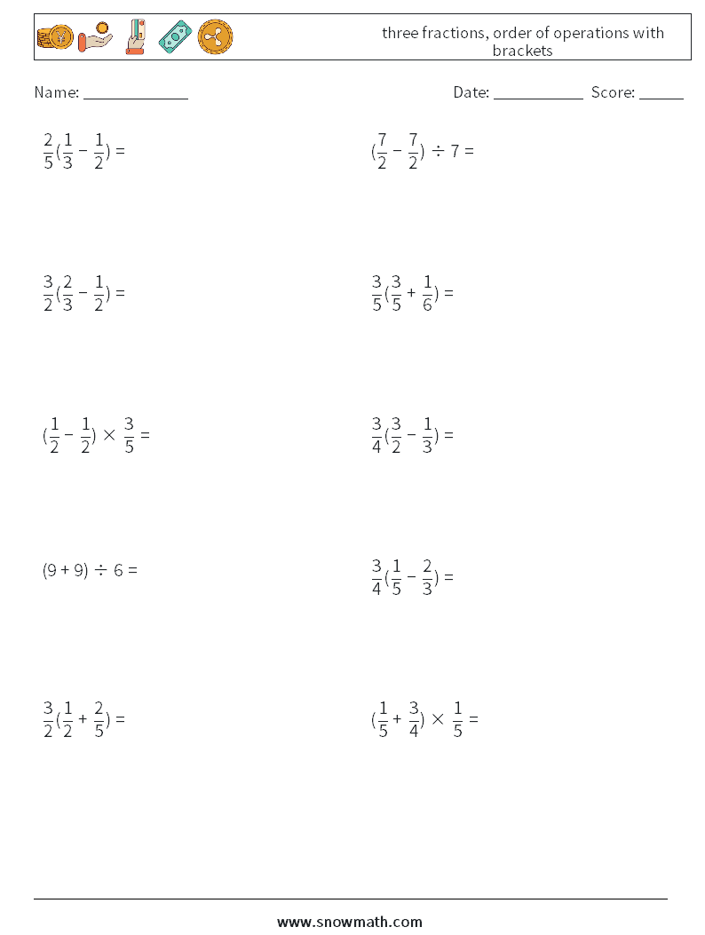 three fractions, order of operations with brackets Maths Worksheets 12