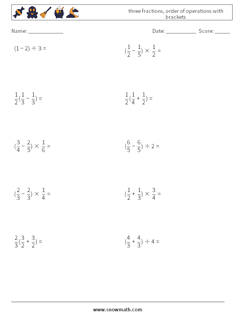 three fractions, order of operations with brackets Math Worksheets 13