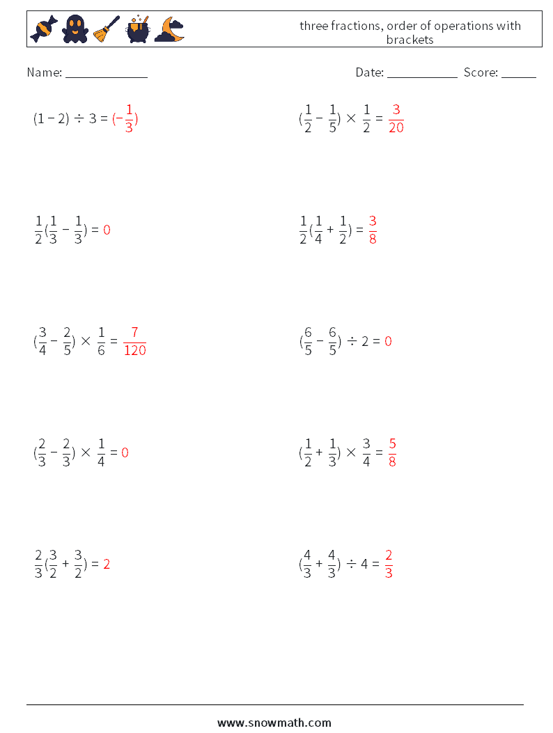 three fractions, order of operations with brackets Math Worksheets 13 Question, Answer