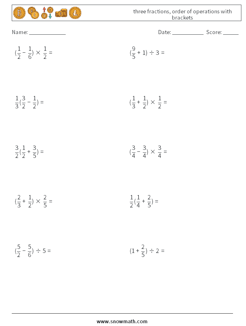 three fractions, order of operations with brackets Maths Worksheets 14