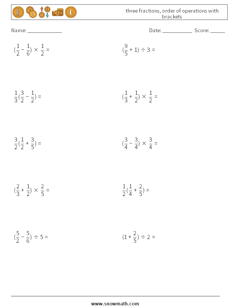 three fractions, order of operations with brackets Math Worksheets 14