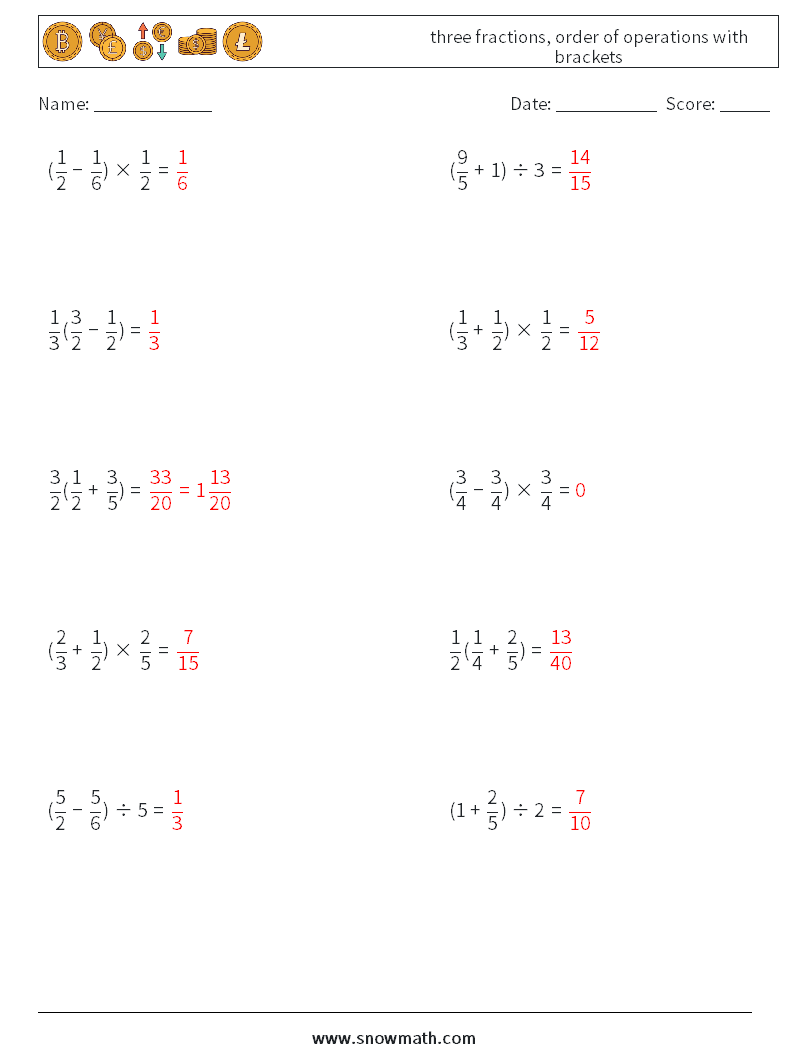 three fractions, order of operations with brackets Math Worksheets 14 Question, Answer