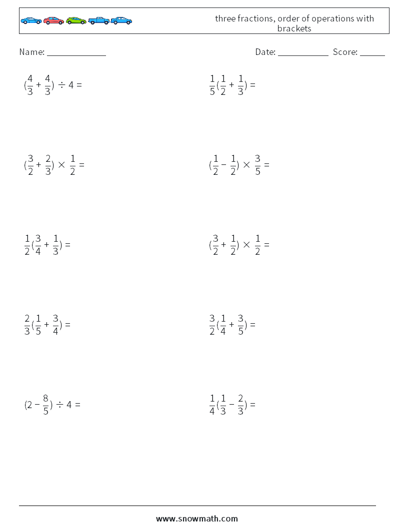 three fractions, order of operations with brackets Maths Worksheets 15