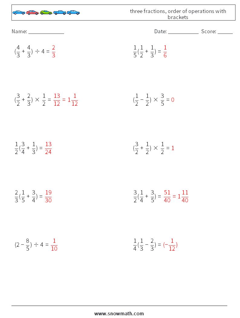 three fractions, order of operations with brackets Math Worksheets 15 Question, Answer