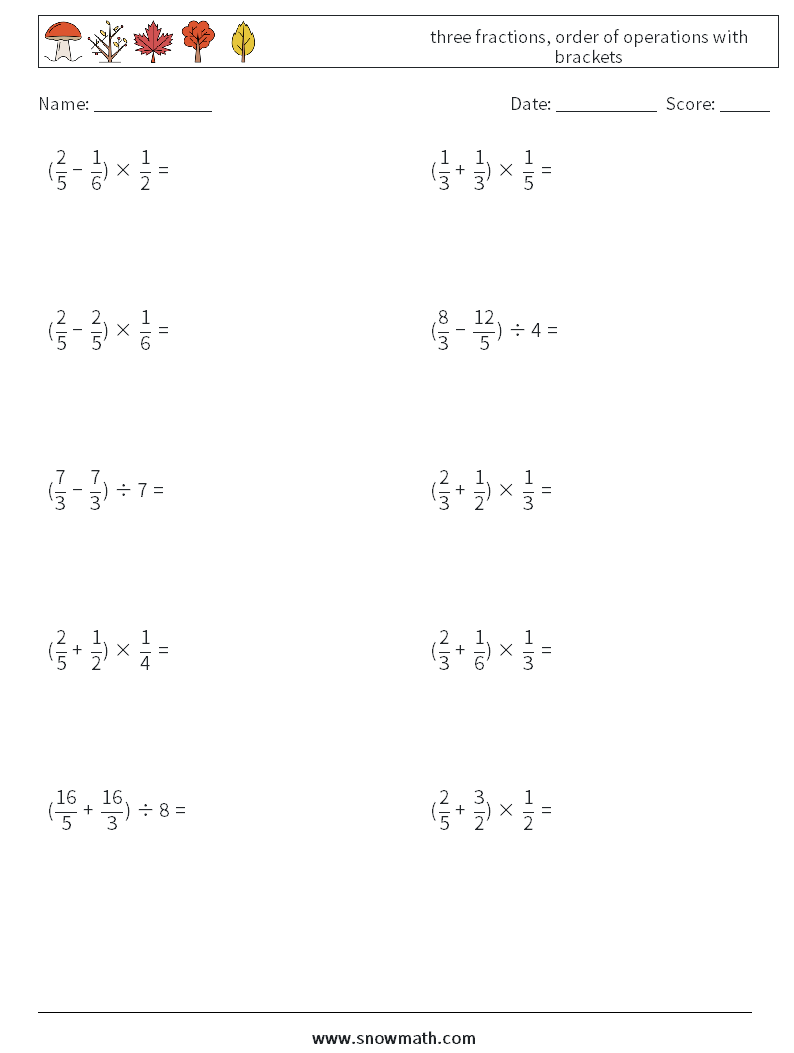 three fractions, order of operations with brackets Math Worksheets 16