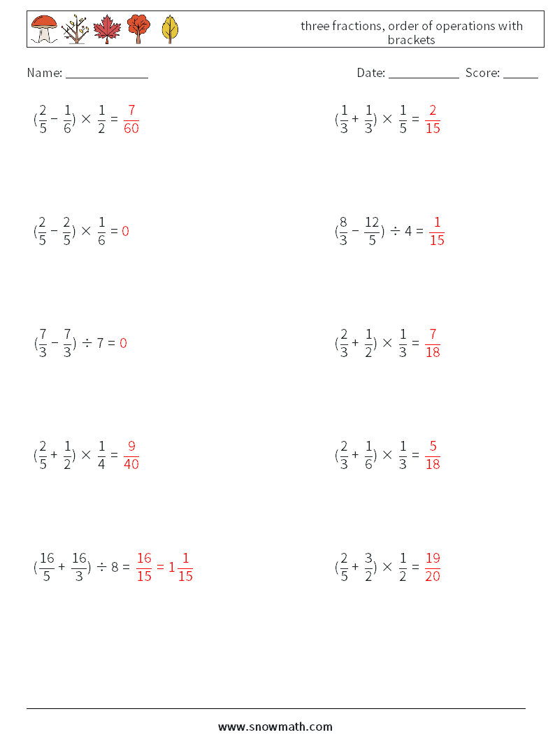 three fractions, order of operations with brackets Math Worksheets 16 Question, Answer
