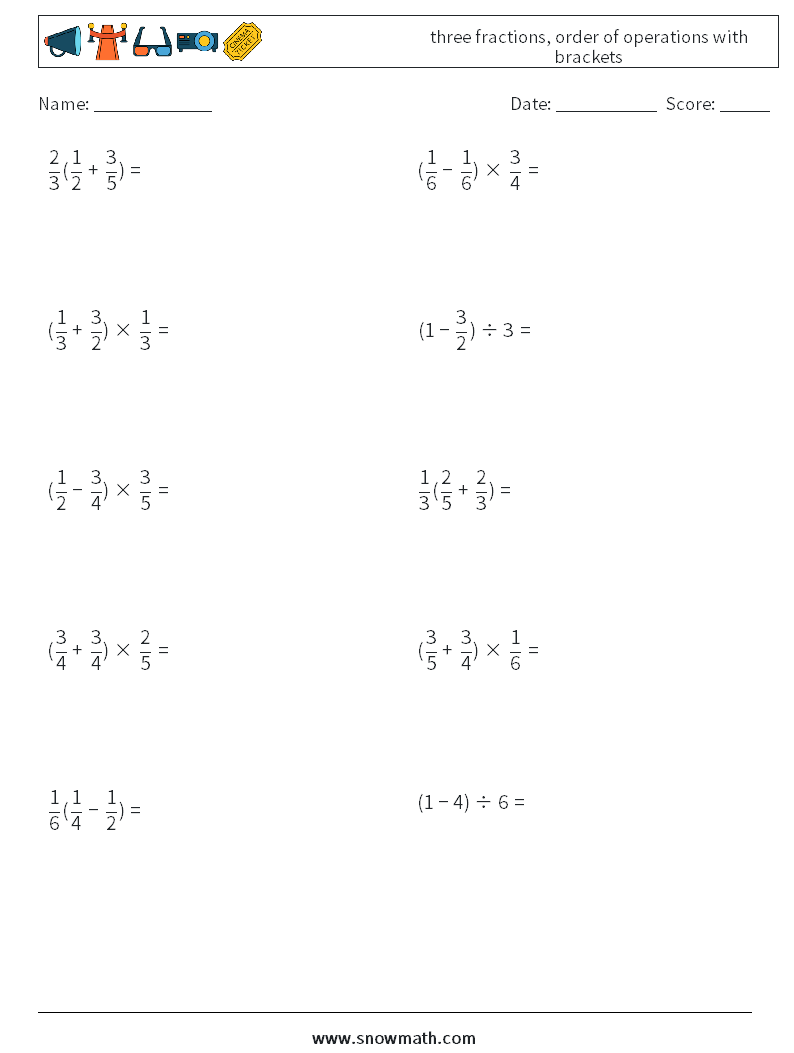 three fractions, order of operations with brackets Maths Worksheets 17