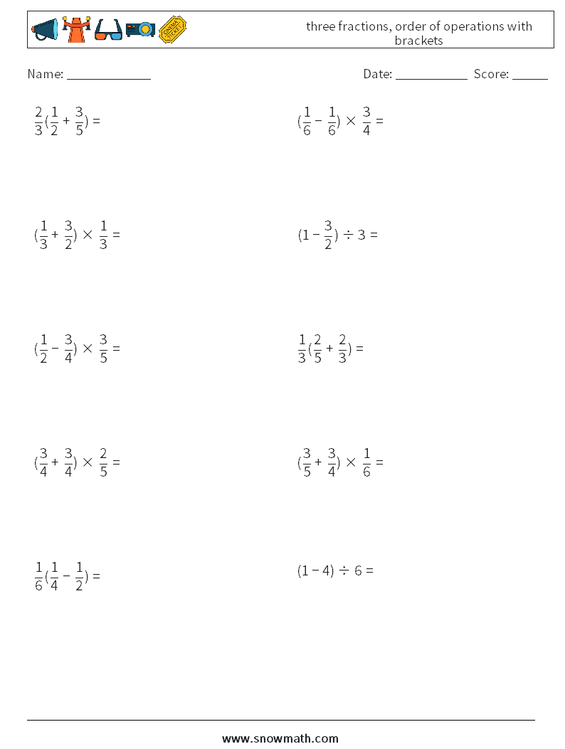 three fractions, order of operations with brackets Math Worksheets 17