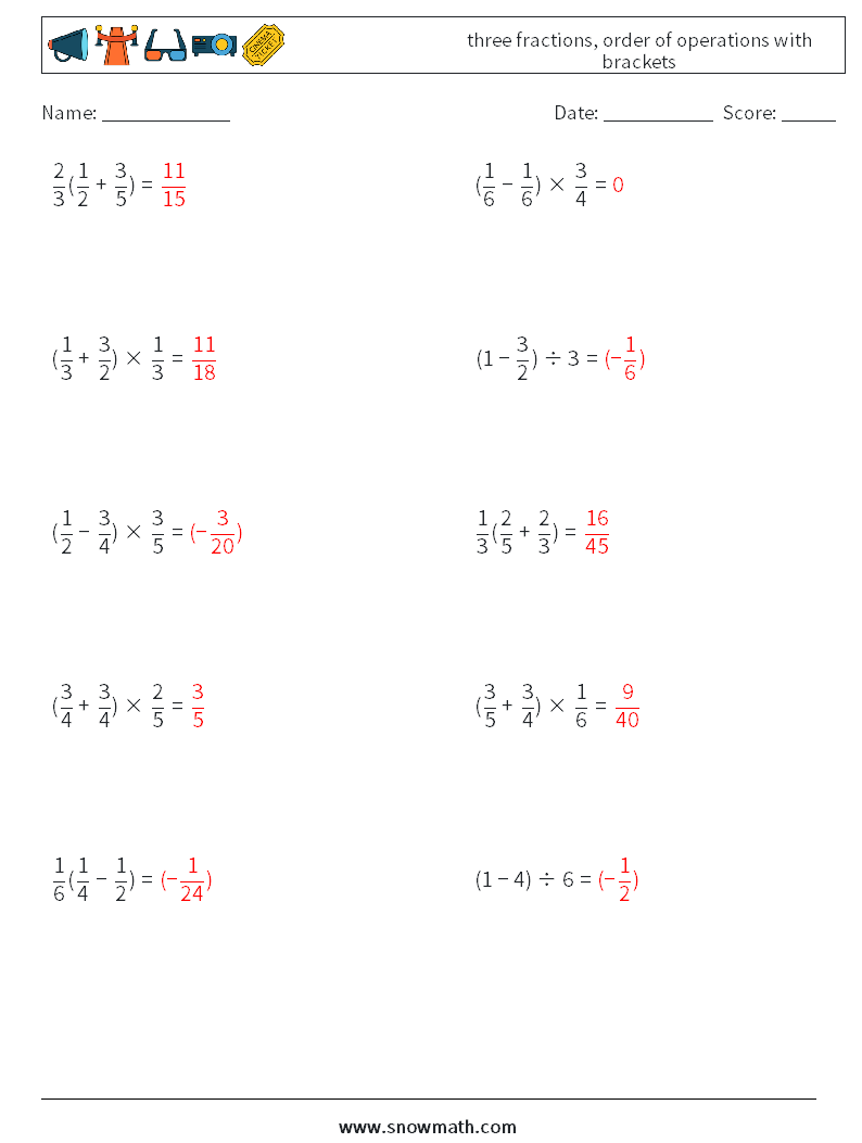 three fractions, order of operations with brackets Math Worksheets 17 Question, Answer