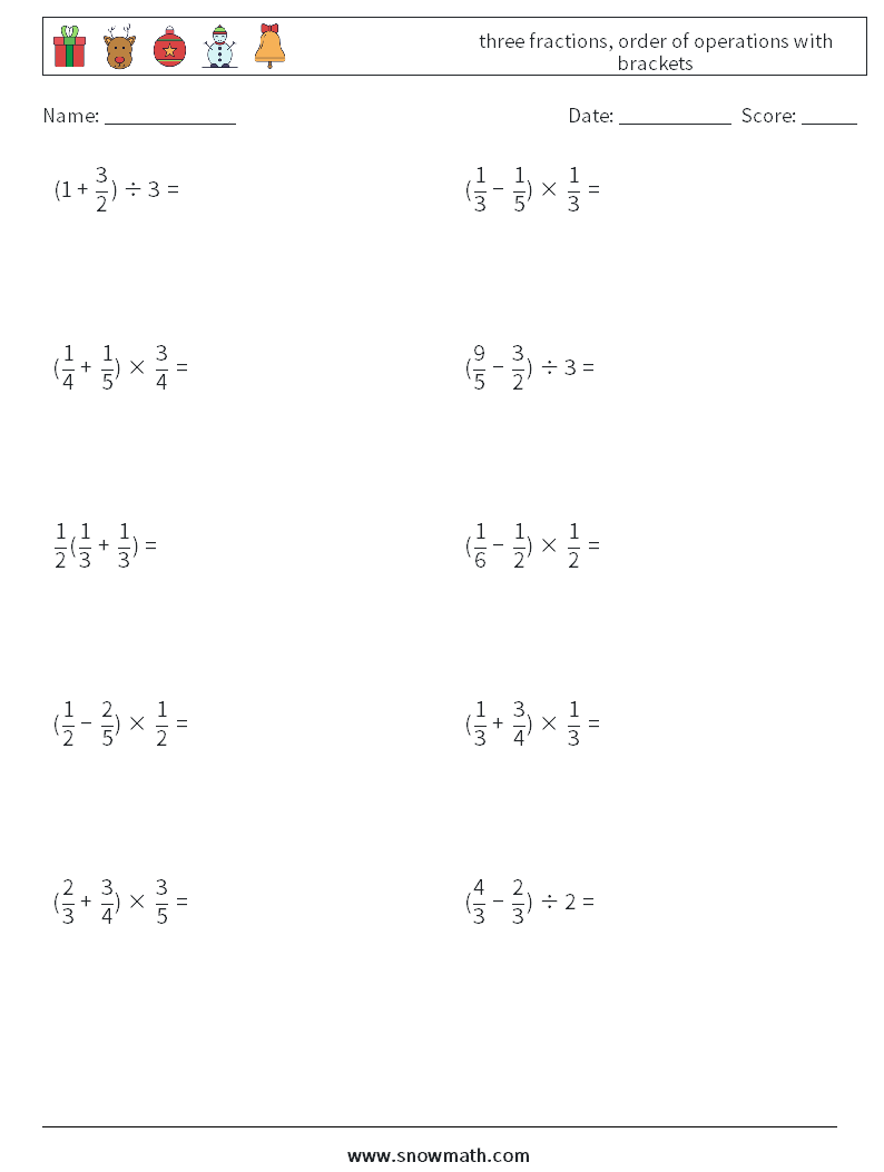three fractions, order of operations with brackets Maths Worksheets 18