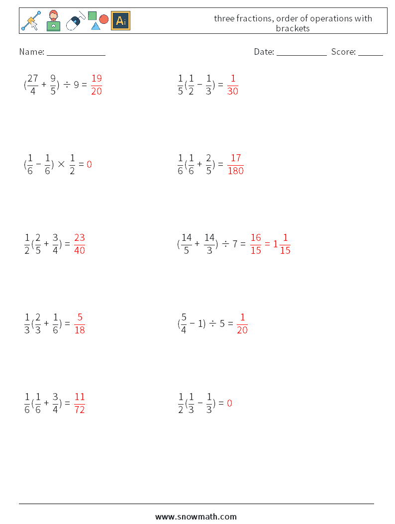 three fractions, order of operations with brackets Math Worksheets 1 Question, Answer