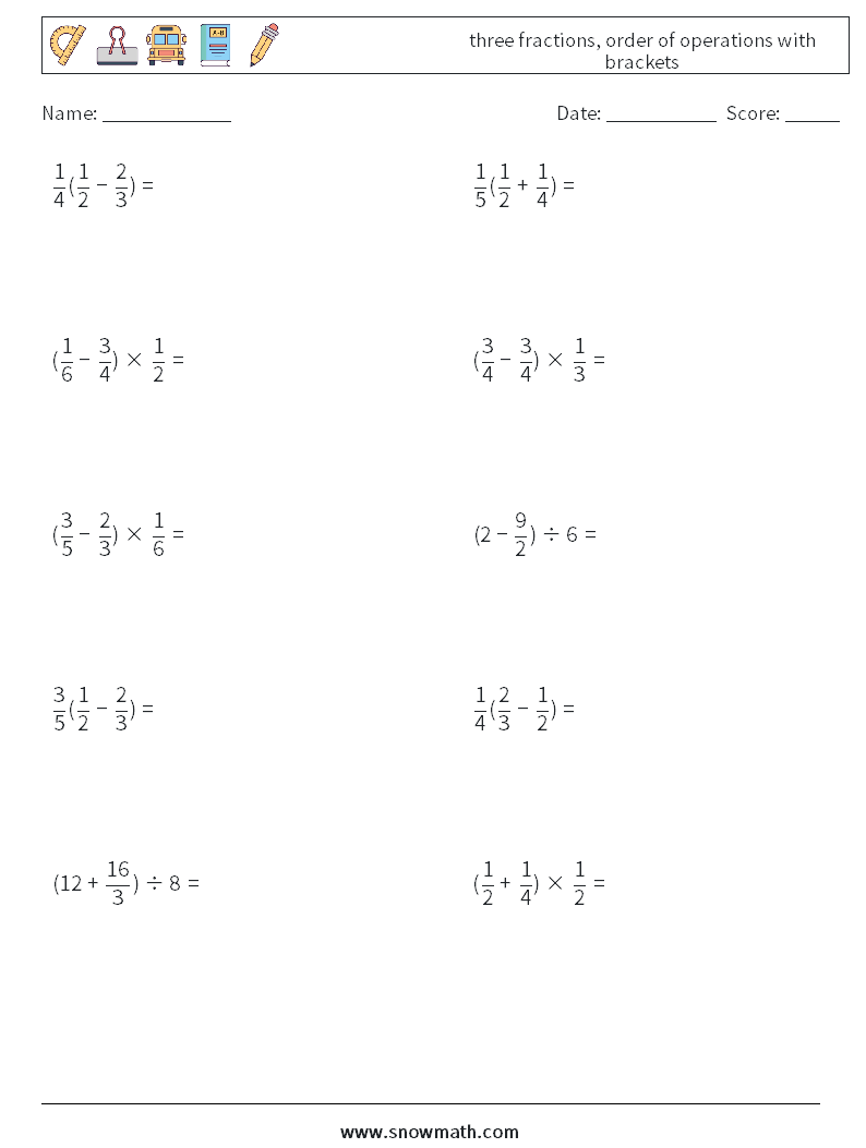 three fractions, order of operations with brackets Math Worksheets 2