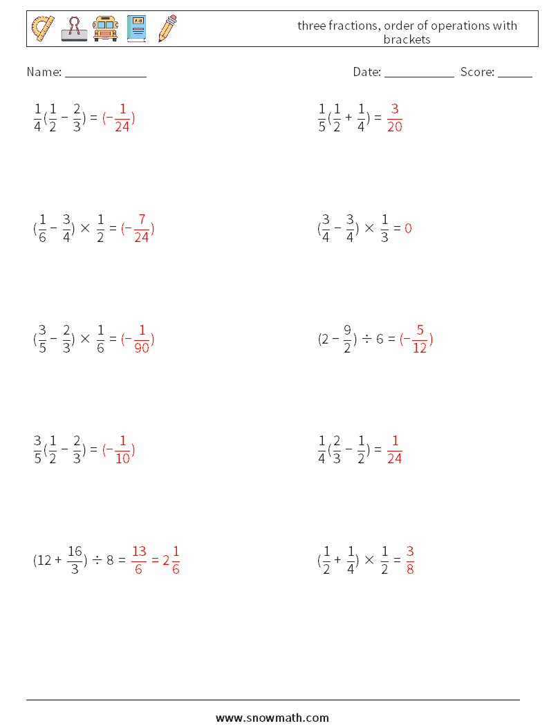 three fractions, order of operations with brackets Math Worksheets 2 Question, Answer