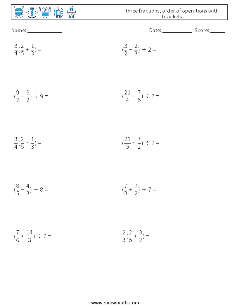 three fractions, order of operations with brackets Math Worksheets 3