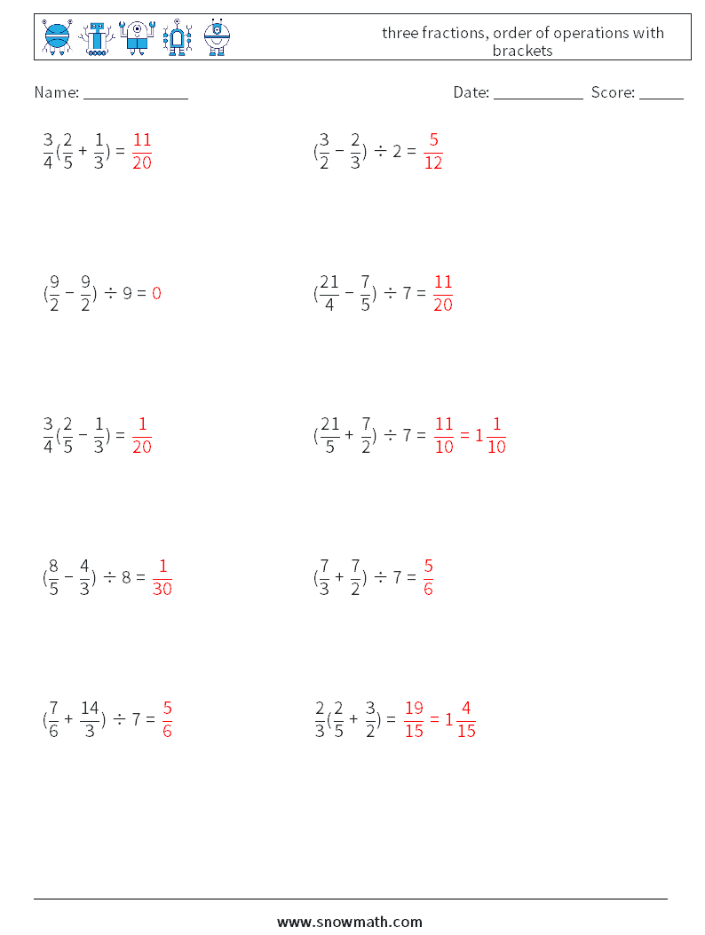 three fractions, order of operations with brackets Math Worksheets 3 Question, Answer