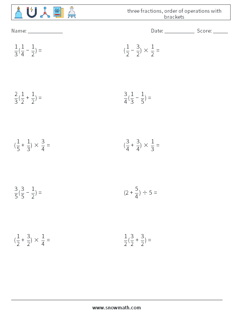 three fractions, order of operations with brackets Math Worksheets 4