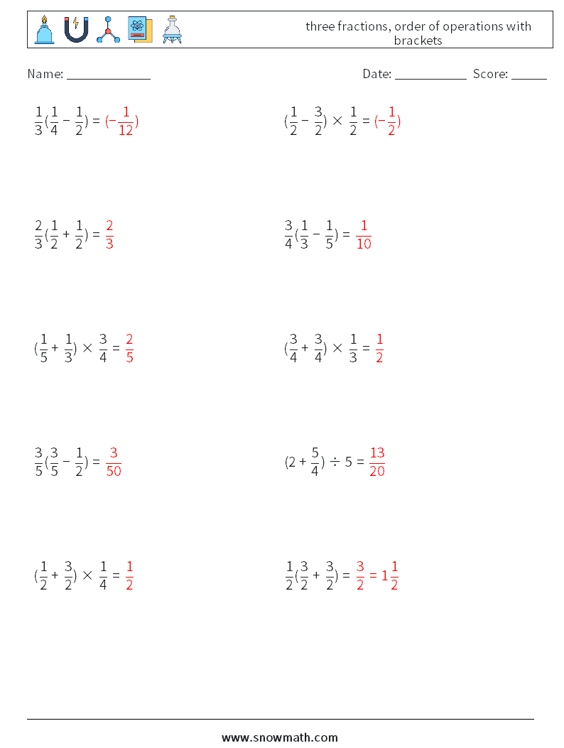 three fractions, order of operations with brackets Math Worksheets 4 Question, Answer