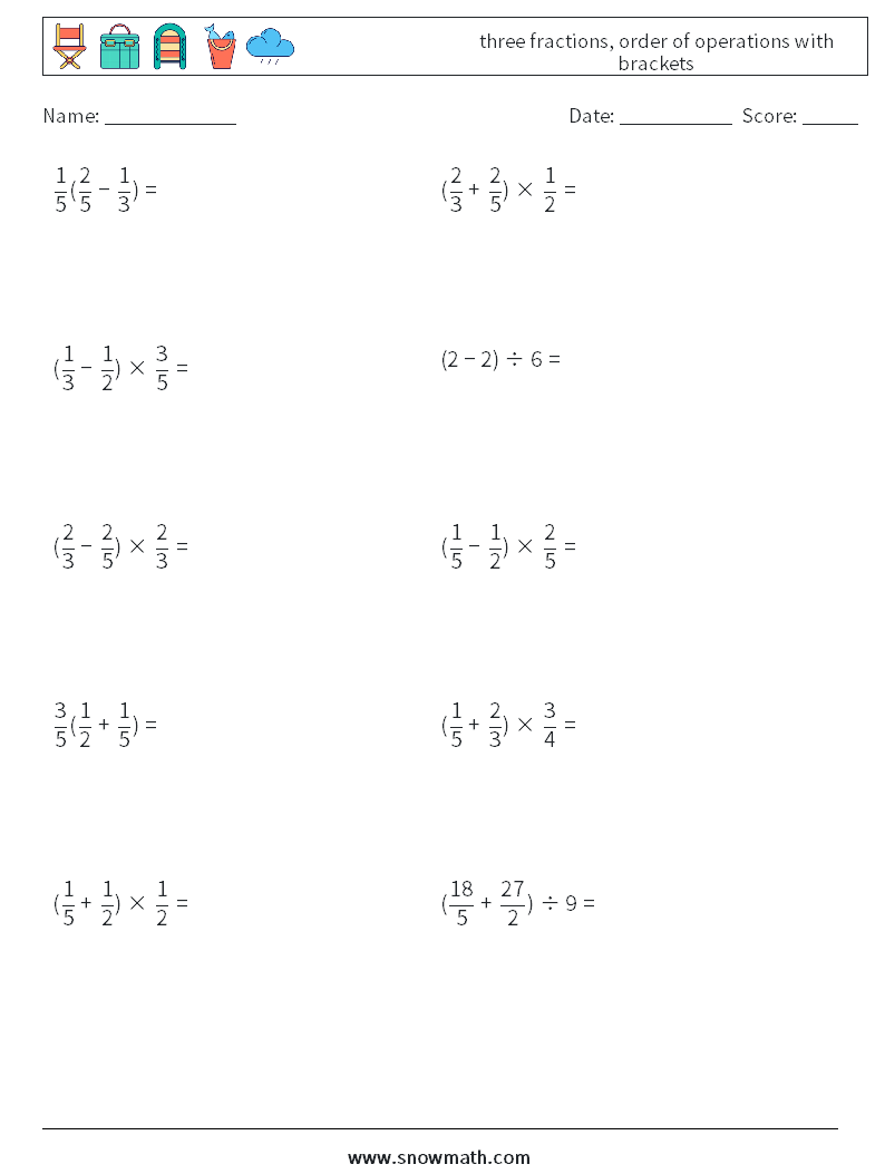 three fractions, order of operations with brackets Maths Worksheets 5