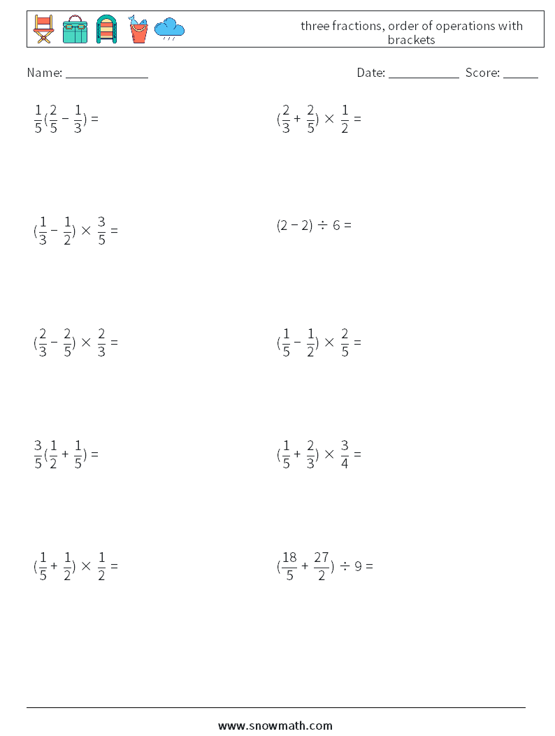 three fractions, order of operations with brackets Math Worksheets 5