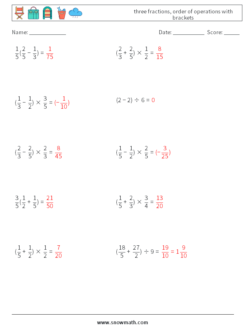 three fractions, order of operations with brackets Math Worksheets 5 Question, Answer