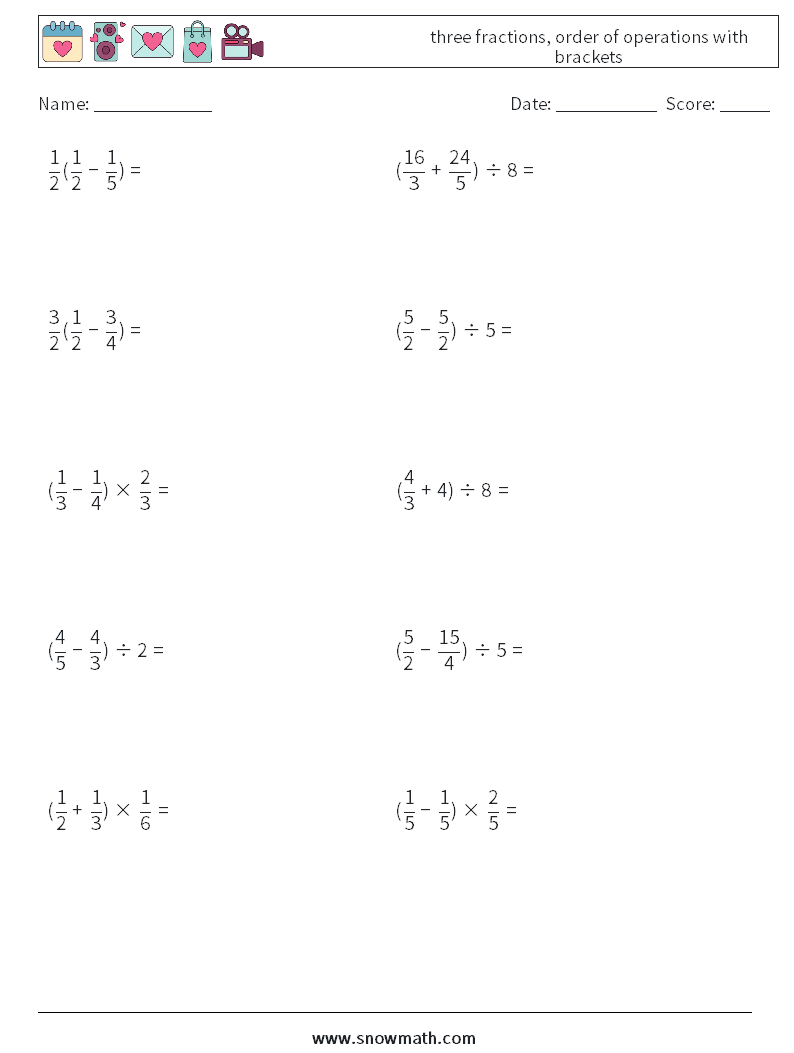 three fractions, order of operations with brackets Math Worksheets 6