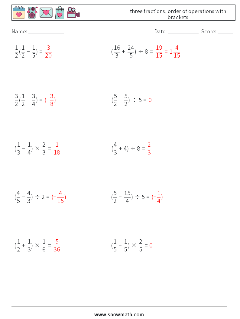 three fractions, order of operations with brackets Math Worksheets 6 Question, Answer