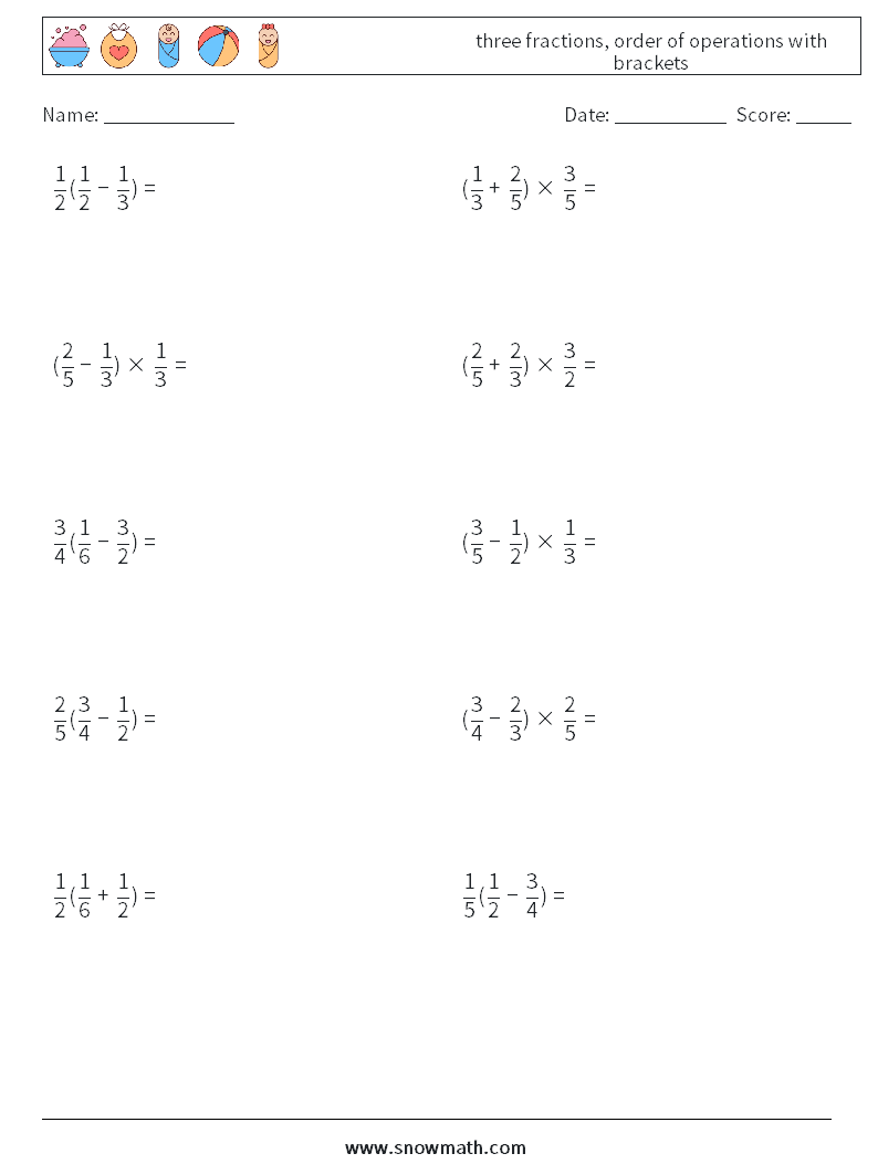 three fractions, order of operations with brackets Math Worksheets 7