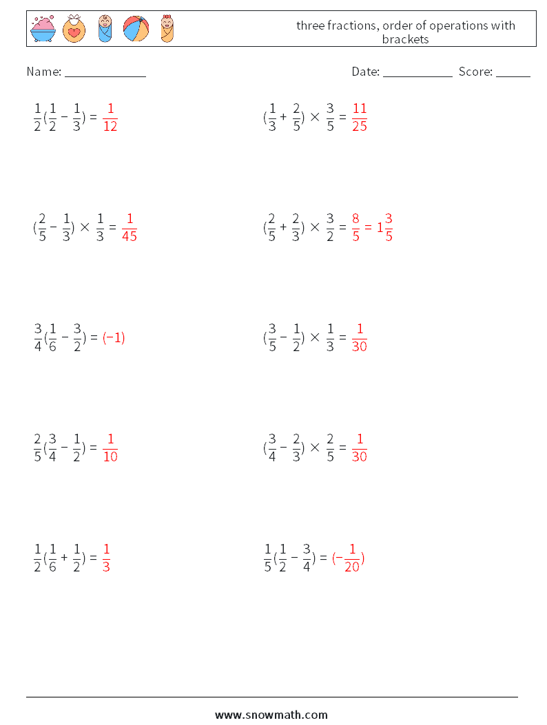 three fractions, order of operations with brackets Math Worksheets 7 Question, Answer